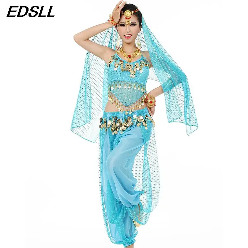 3Pcs 8 Colors Ladies India Arabian Stage Coins Lace-up Back Top+ Harem Pants+Head Scarf Outfit Set Belly Dance Performance Set