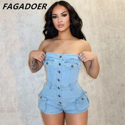 FAGADOER Denim mavi seksi Y2K Streetwear kadınlar Denim kapalı omuz kolsuz Backless tüp tulum moda kargo kovboy tulumlar