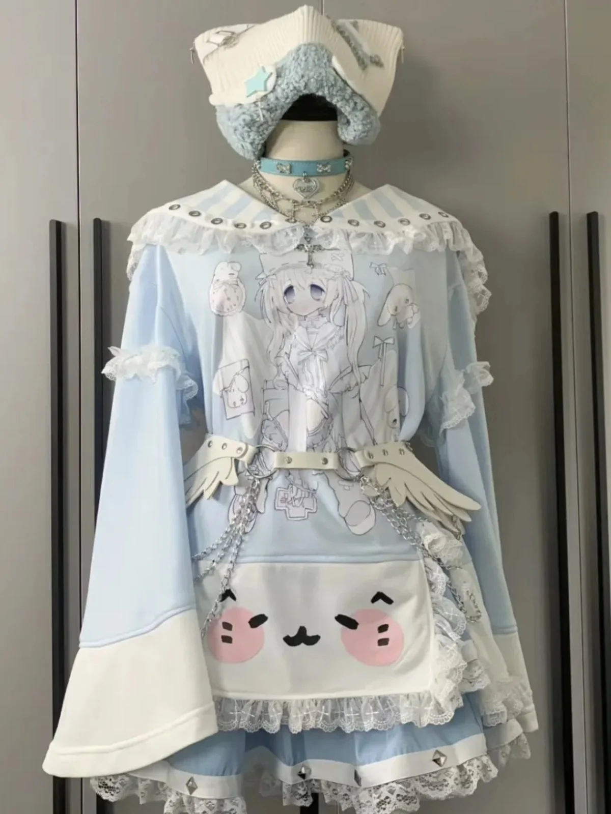 

Свободная удлиненная толстовка с капюшоном, темно-синий воротник, осенне-зимняя, с акварельным принтом, в стиле аниме, милый, крутой, уличный стиль, женская толстовка