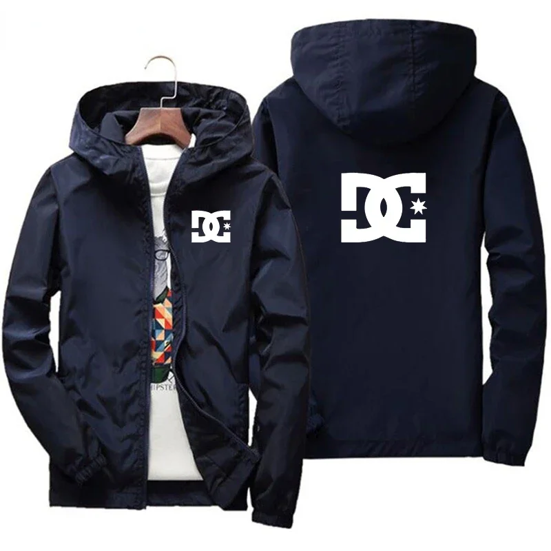 Spring and Autumn men's brand new DC printed motorcycle zipper hood jacket Outdoor hiking fishing fashion windproof coat