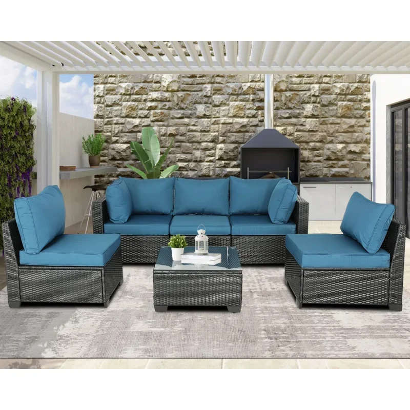 Ppatio furniture set (peacock blue)-outdoor PE rattan Wicker sectional with tempered glass table