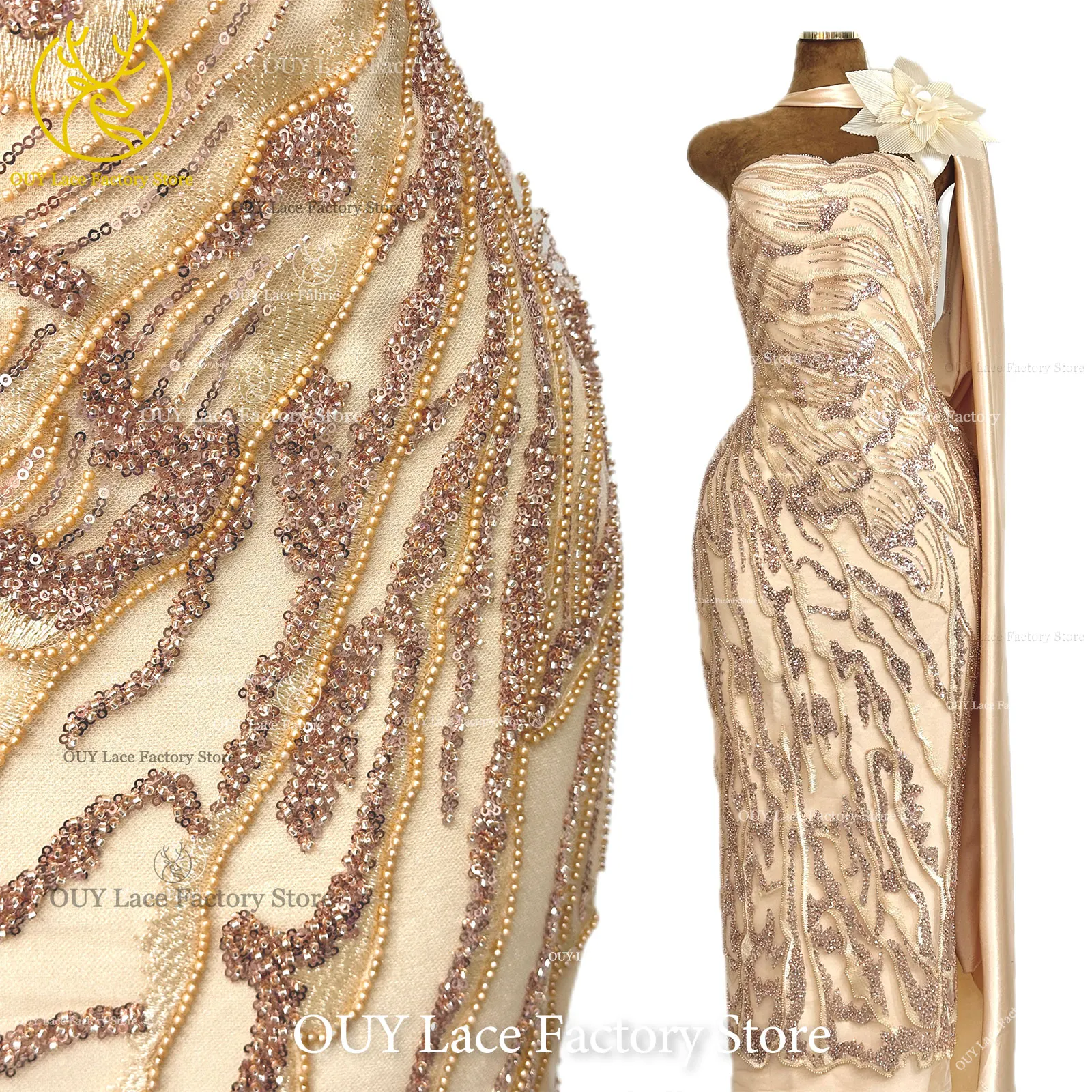 Afrikanischer Brautkleid-Spitzenstoff mit Stickerei und Perlen, französischer Netzspitzenstoff, nigerianischer Tüllspitzenstoff für Hochzeitskleider und Partykleider zum Nähen – Detail 5