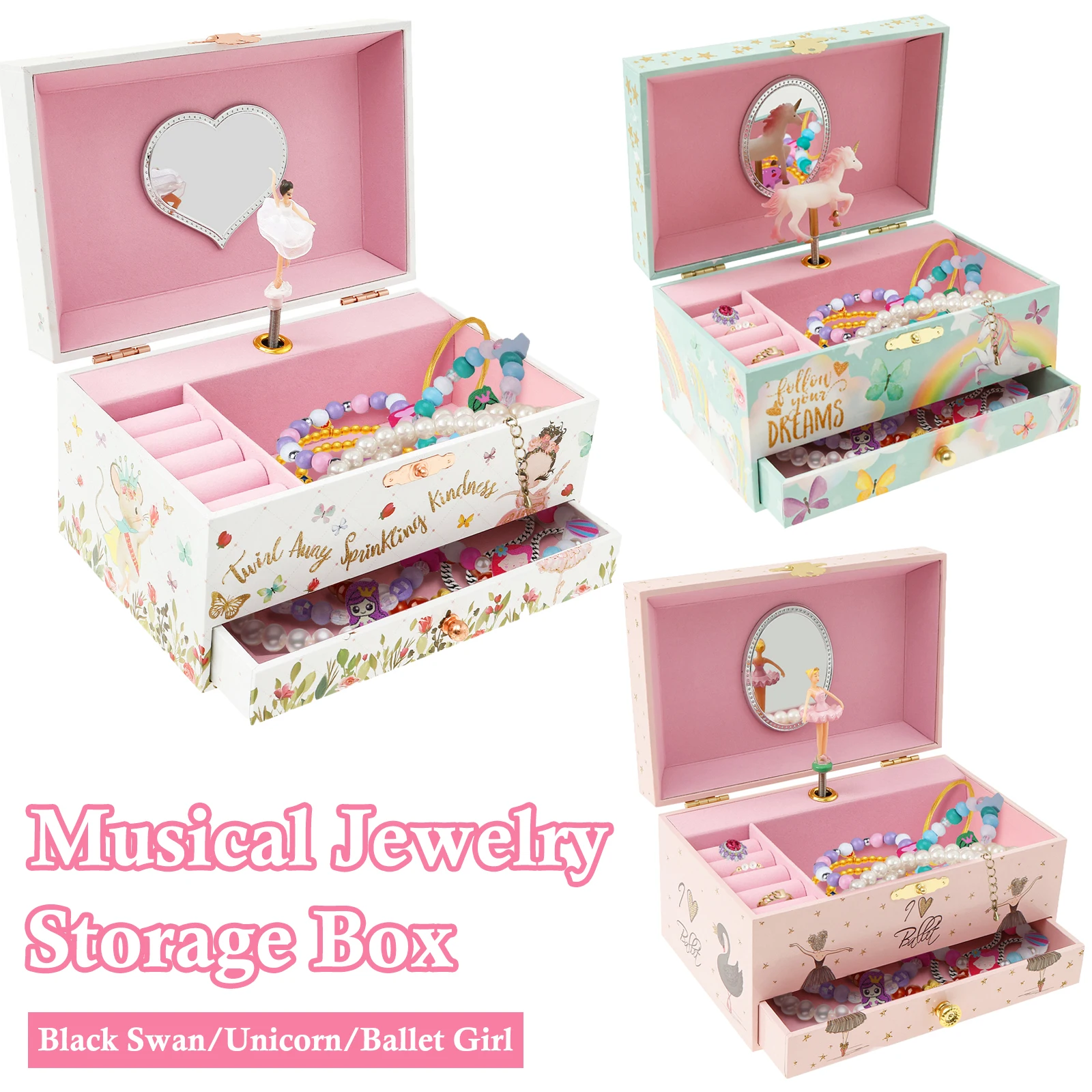Boîte de rangement de bijoux musicaux avec tiroir, boîte de rangement de bijoux décorative, support de bagues de Bracelet pour enfants, étui de jouets cadeaux pour filles