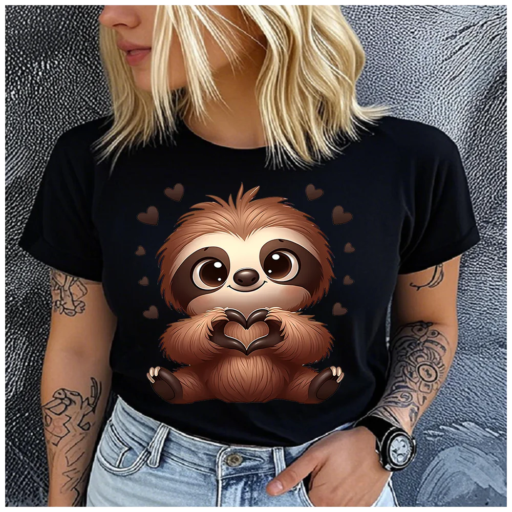 Cotton 100% Cute Sloth Make Heart Gesture Print Women T-Shirt Casual Crew Neck Short Sleeve Lovely Graphic Summer Tee Top