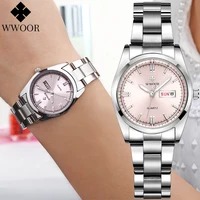 WWOOR, nueva moda, relojes de pulsera de cuarzo con esfera rosa para mujer, reloj de lujo para mujer, vestido informal resistente al agua, reloj femenino