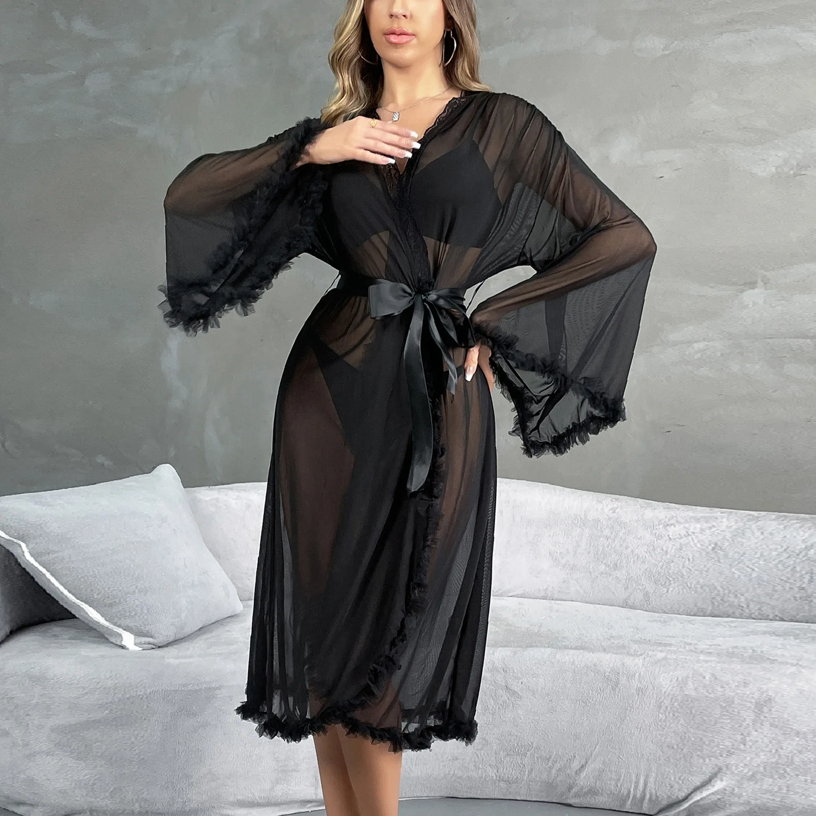 

Прозрачная ночная рубашка из сетки с бахромой, с широкими рукавами, V-образным вырезом, на шнуровке, средней и длинной длины, халат для дома 768CW39994