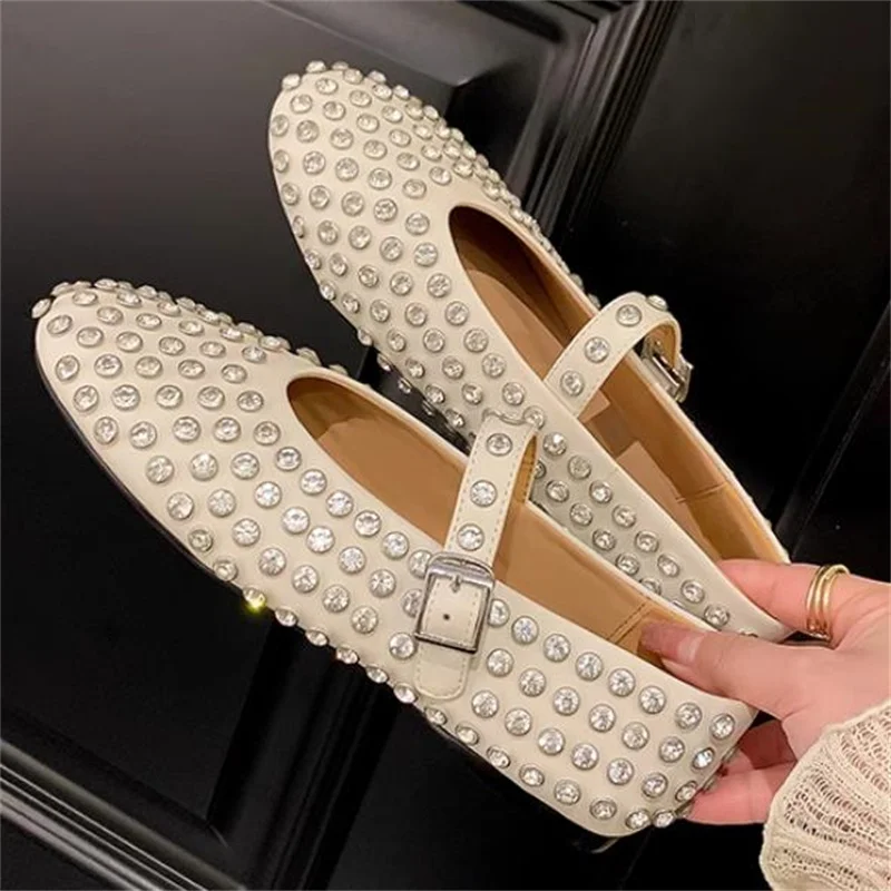 

Rhinestones Shoes for Ladies Round Toes Flat Heels Womens Buckle Female Front Strap Diamond Zapatos Mujer Solid Chassure Femme