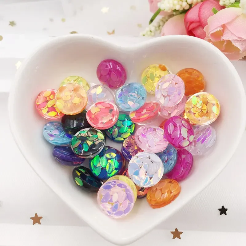 40Pcs Resin Horse eye Glitter Paillette Filled 12mm Round Flat Back Cabochon Rhinestone Scrapbook DIY Wedding Applique Ornament