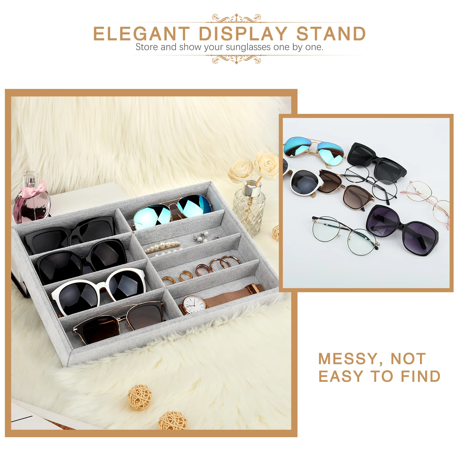 Glasses Organizer Jewelry Tray 8 Grids Velvet Tray Watch Storage Stackable Jewelry Showcase  with Detachable Inner Dividers