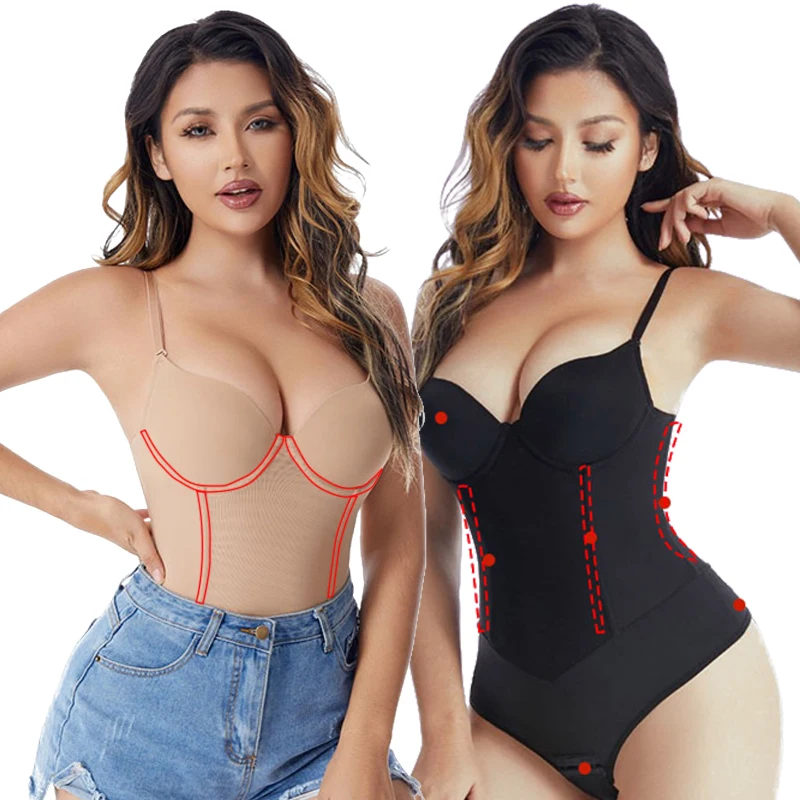 WECHERY 4 Steel Boned Shapewear Bodysuit Women Body Shapers Push Up Thick Cup V Neck Sexy Lingerie Slimming Bodycon Black Beige