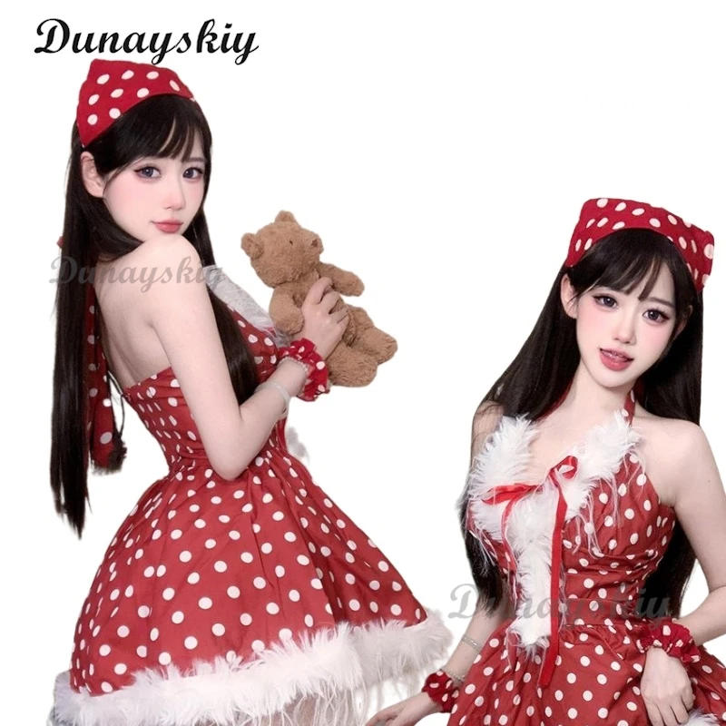 Christmas Clothes Collection Women Santa Claus Uniform Cosplay Xmas Plush Red Velvet Warm Dress Outfit Anime Girl Costumes