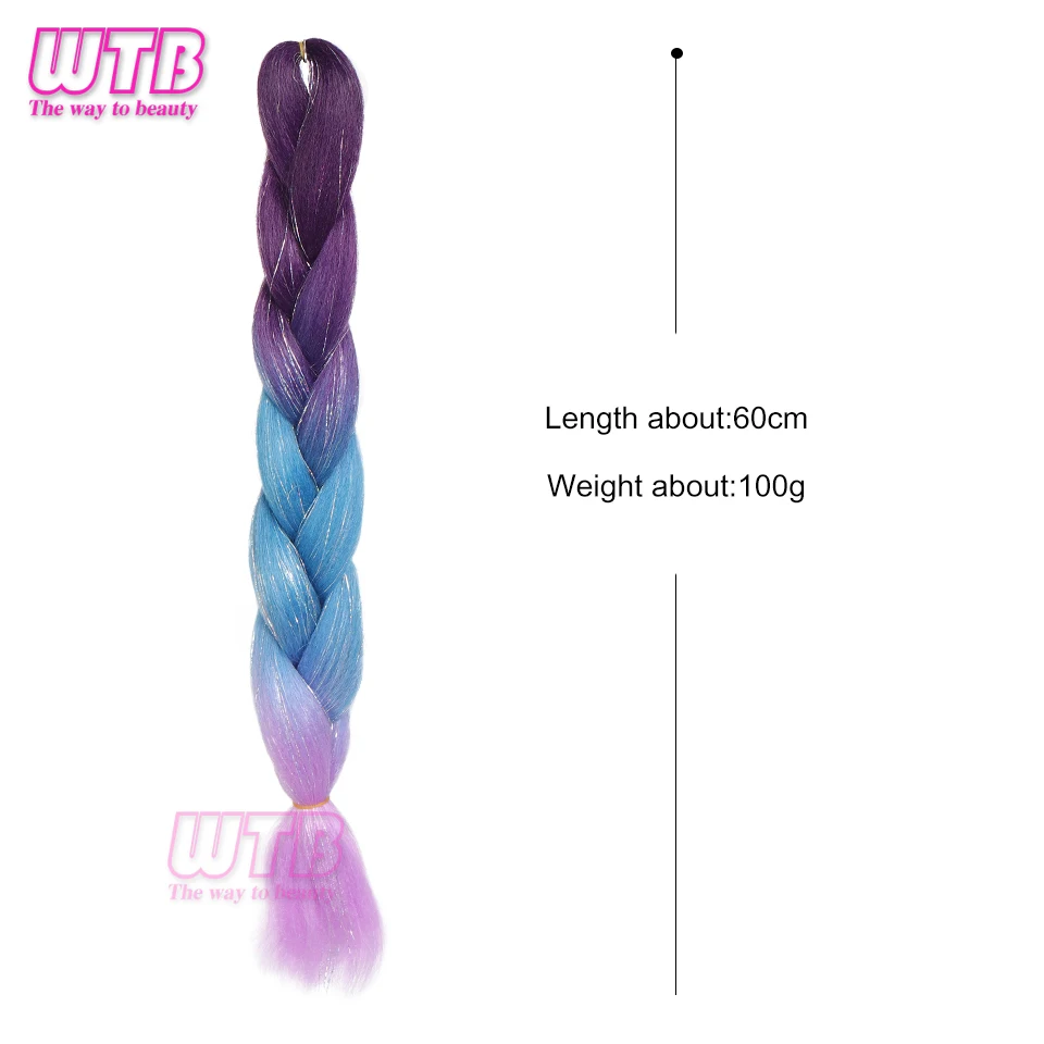 Extensiones de cabello trenzado preestirado, Pelo trenzado de ganchillo degradado, color negro, morado y azul