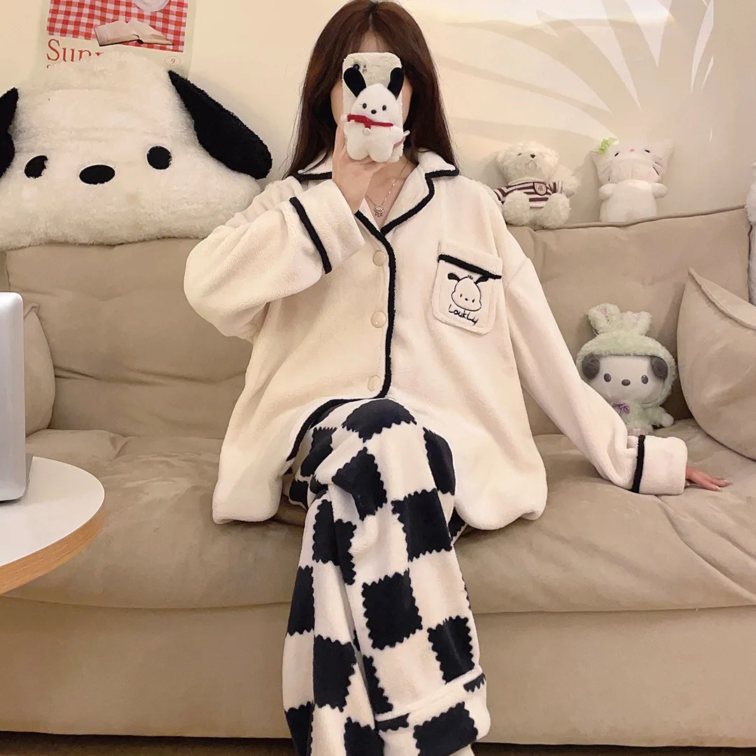 

Kawaii Anime Sanrio Pochacco Cute Flannel Pajamas Fall Winter Warm Long-sleeved Loungewear Cartoon Leisure Loose Cardigan Suit