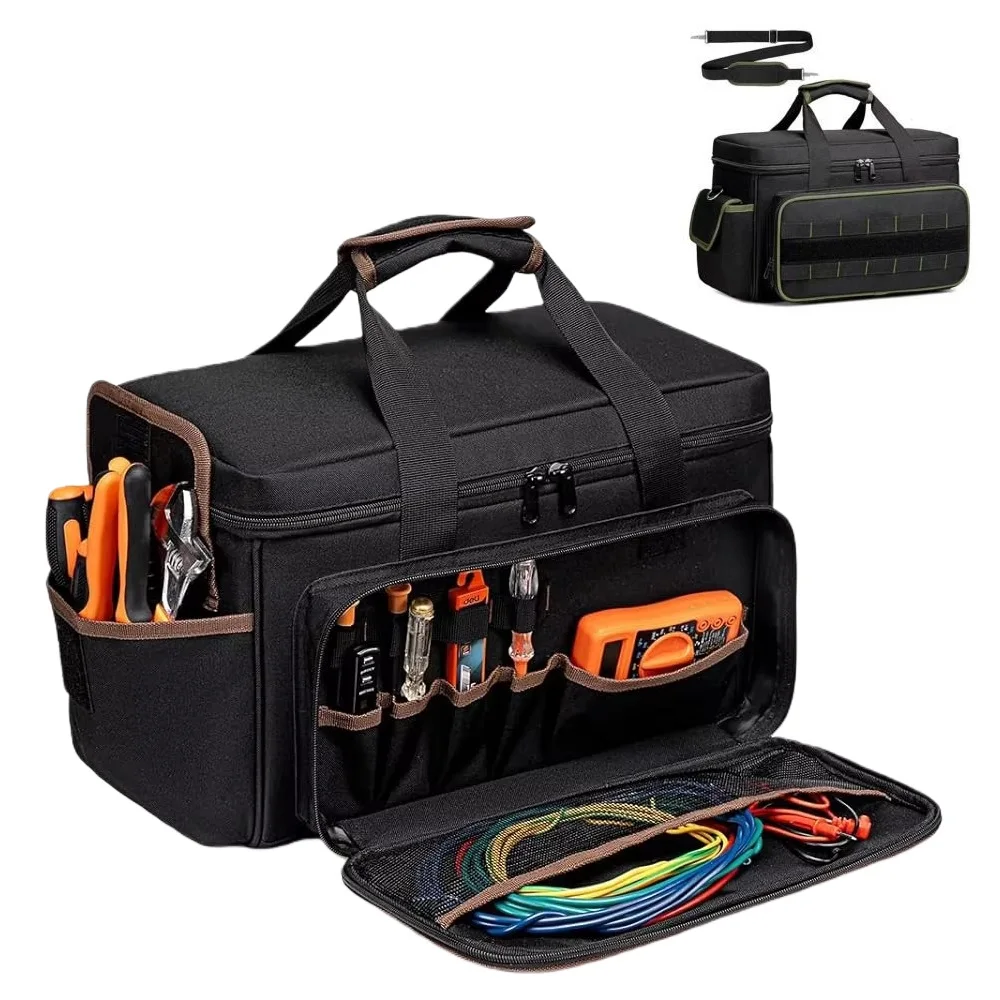 حقيبة أدوات كهربائي محمولة للمقعد الأمامي مقاس 17 بوصة مع حزام كتف 20 جيوب لسباك ميكانيكي كهربائي