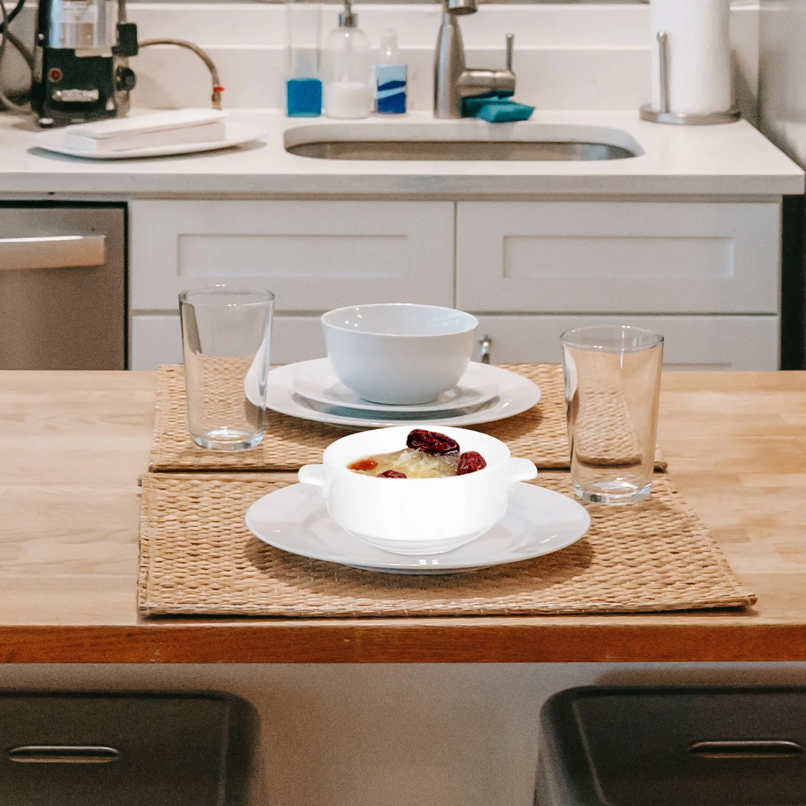 

1Pcs Ceramic Bowl Double Handle Bowl Stable Material Natural Impermeability Suitable for Salads Fruits Desserts Rice As