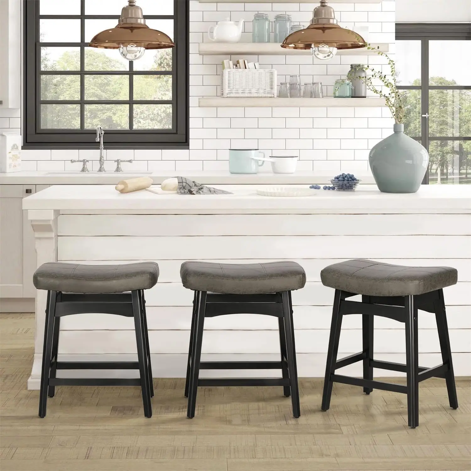

Counter Height Bar Stools Set of 3, Modern Grey Faux Leather & Solid Wood, 24' Kitchen Island Chairs