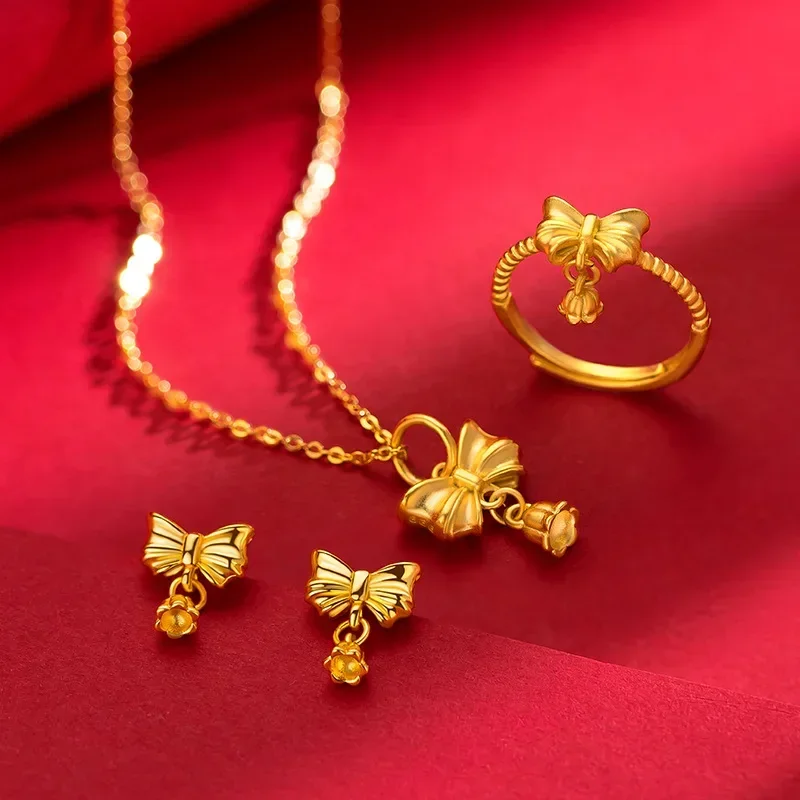 9999 Real Gold 24K Small Fresh Sweet Bow Lily of the Valley Set Hot Push Lily of the Valley Three-piece Set Women's