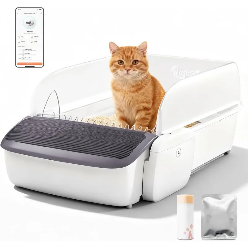 

Увеличенный лоток для кошачьего туалета Magicscoop с управлением через приложение, защитой от брызг, защитой от защемления лап, контролем запаха, открытой крышкой и мешком для отходов