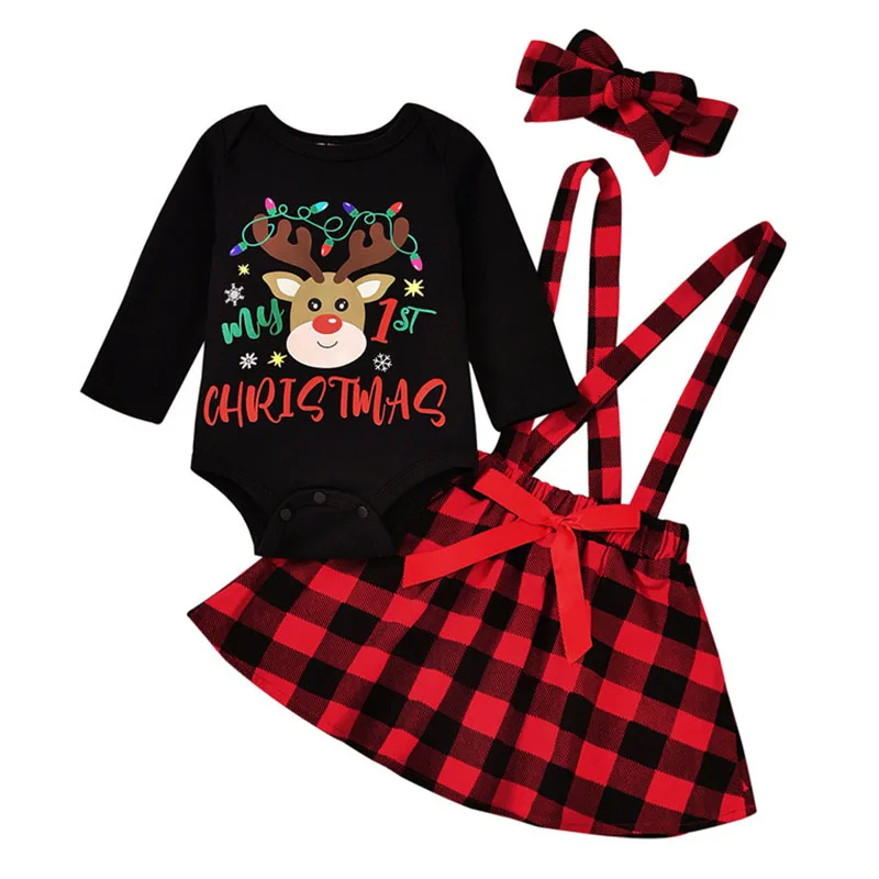 

My 1st Christmas Outfits Baby Winter Deer Santa Claus Bodysuit+Strap Snowflake Dress Costume Plaid Xmas Clothes for Toddler Girl