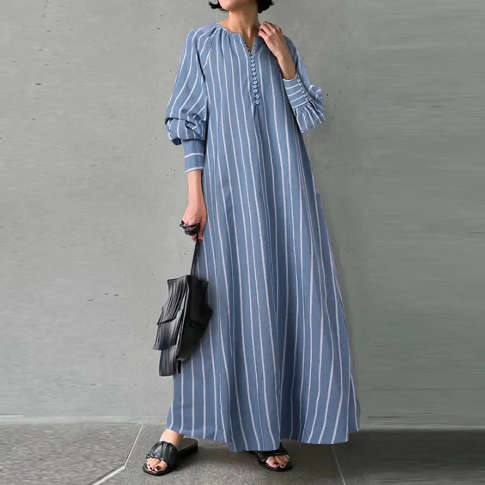 Arabic Abaya Kaftan Islamic Ramada Prayer Women Gown Dubai Turkey Striped Casual Retro Fashion Linen Robe Dress Muslim Clothing