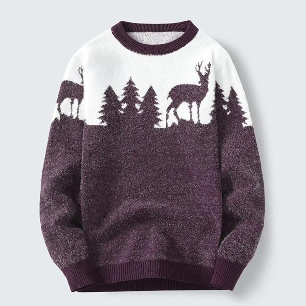 Men's Elastic Slim Fit Elk Knitted Personalized Casual Pullover for Autumn and Winter Sweaters