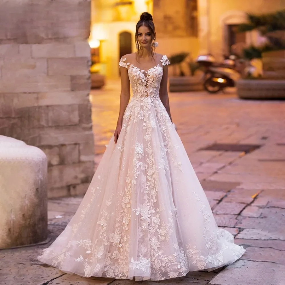 Customized Shiny Off Shoulder Flower Decal Wedding Dress Romantic Backless Lace Short Sleeved Bride 2026 Style and Floor Skirt
