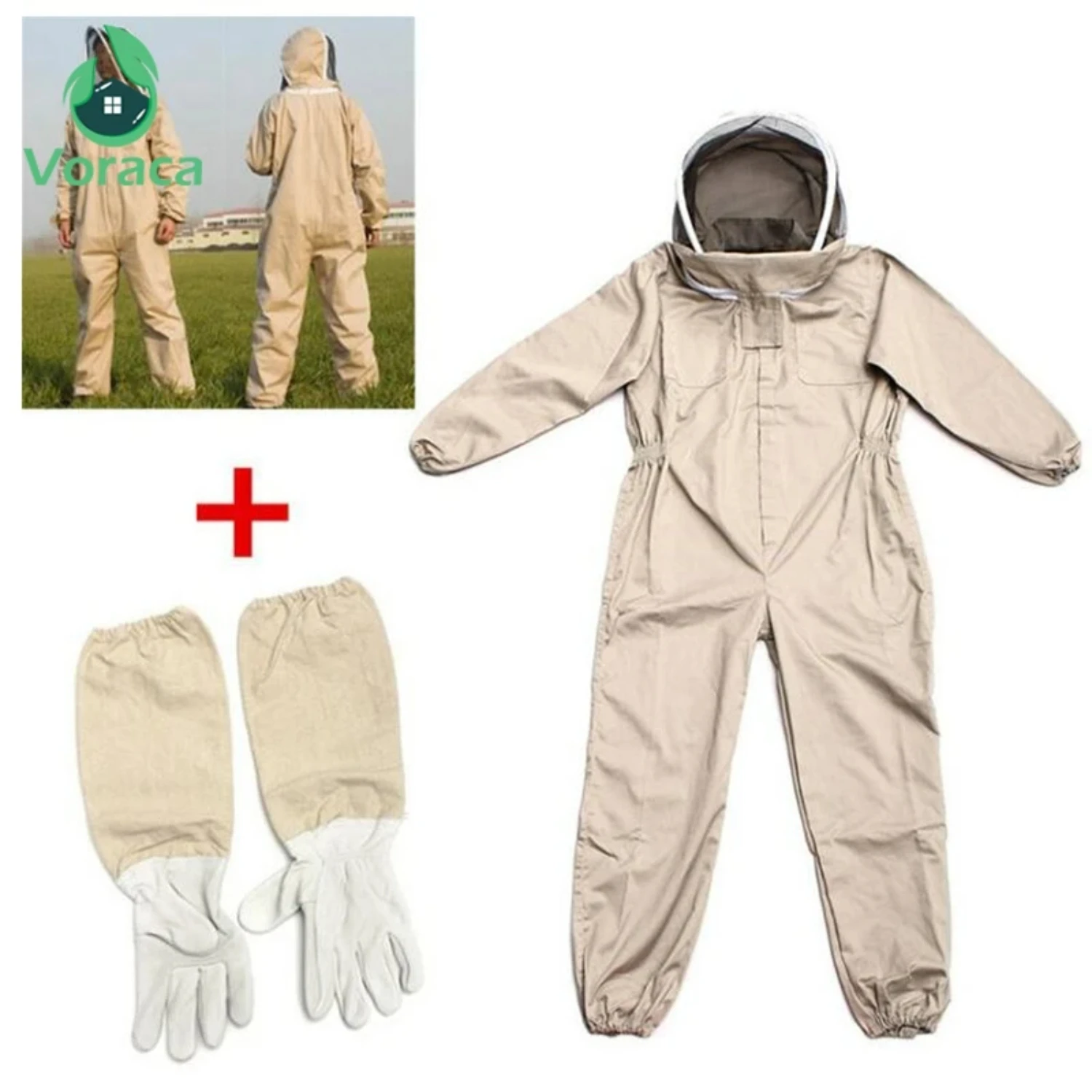 Professional Ventilated Full Body Beekeeping Suit with Leather Gloves Unisex Design Siamese Bee Clothing Beige Anti-Bee Coat