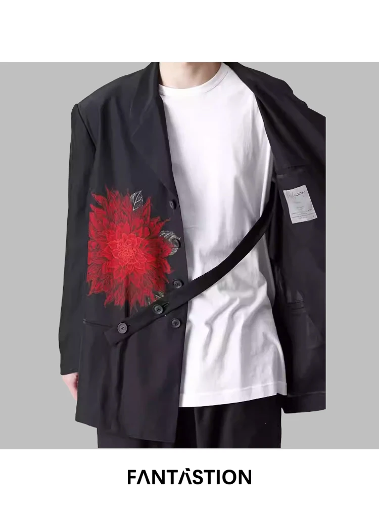 

FANTASTION designer red flower blazer, original botanical print unisex casual suit jacket with relaxed tailoring jackets