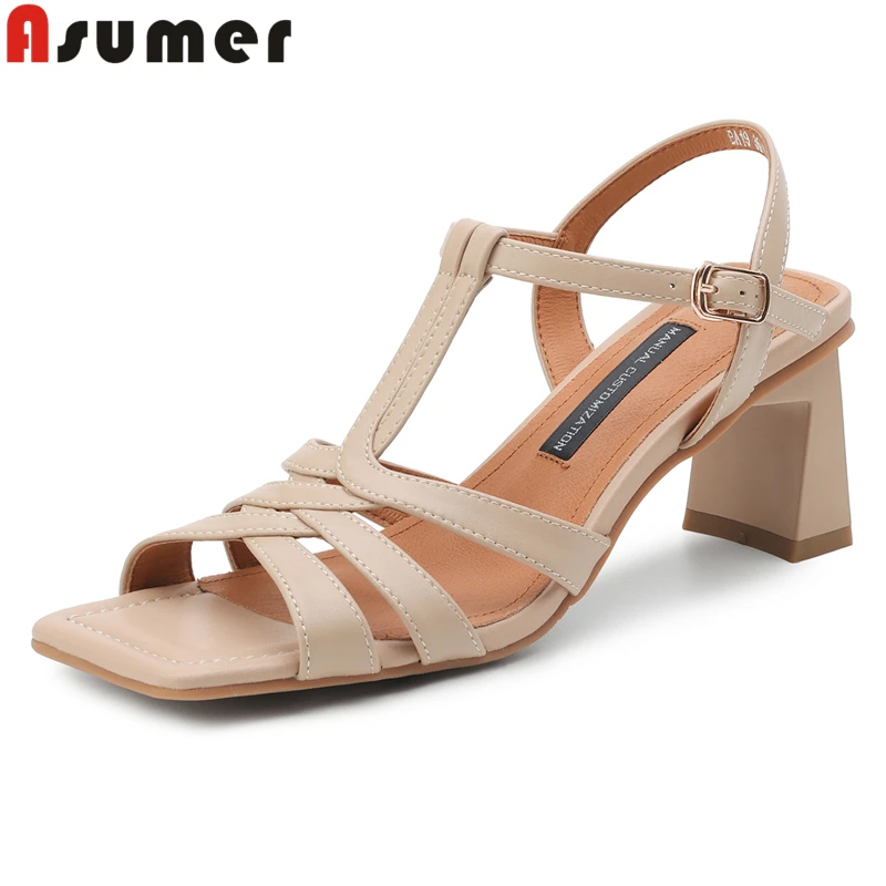 

ASUMER Fashion New Genuine Leather Sandals Women Shoes High Heels Sandals Buckle Strap Office Dress Shoes