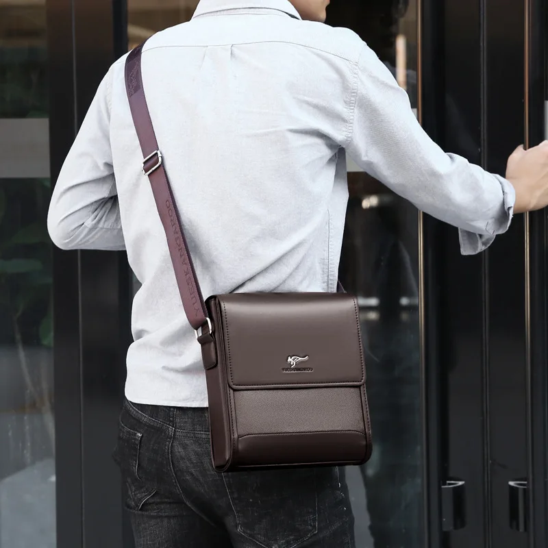 PU leather square single-shoulder bag for business men, flip cover, large capacity, flat storage, crossbody backpack