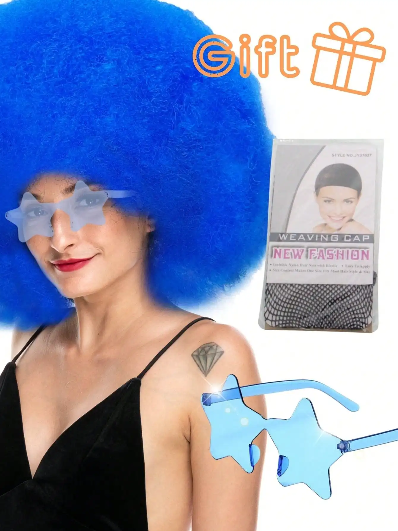 Oversized pluizig krullend haar pruik meerkleurig hittebestendig synthetische vezel met plus bril voor feest