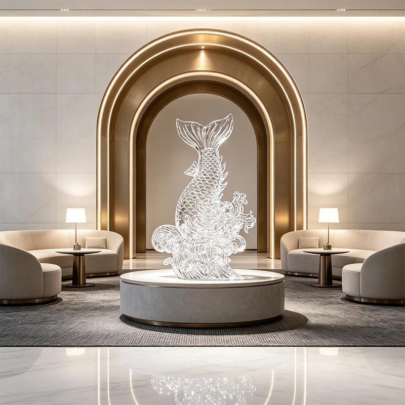 *#Q Clear Resin Hand-painted Artistic Leaping Carp Wave Floor Sculpture Chinese Auspicious Koi Statue Lobby Atrium&