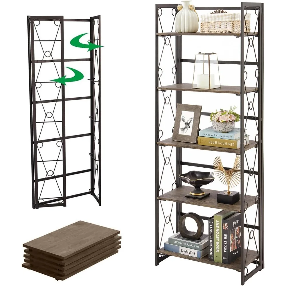 خزانة كتب مكونة من 5 طبقات قابلة للطي، منظم تخزين رف كتب صناعي طويل القامة مع إطار معدني قابل للطي، بني فاتح، مجموعة واحدة