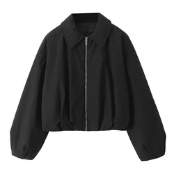 BMURHMZA Autumn New Product Women's Casual Versatile Black Collar Long Sleeve Short Cotton Jacket Pilot Jacket Coat