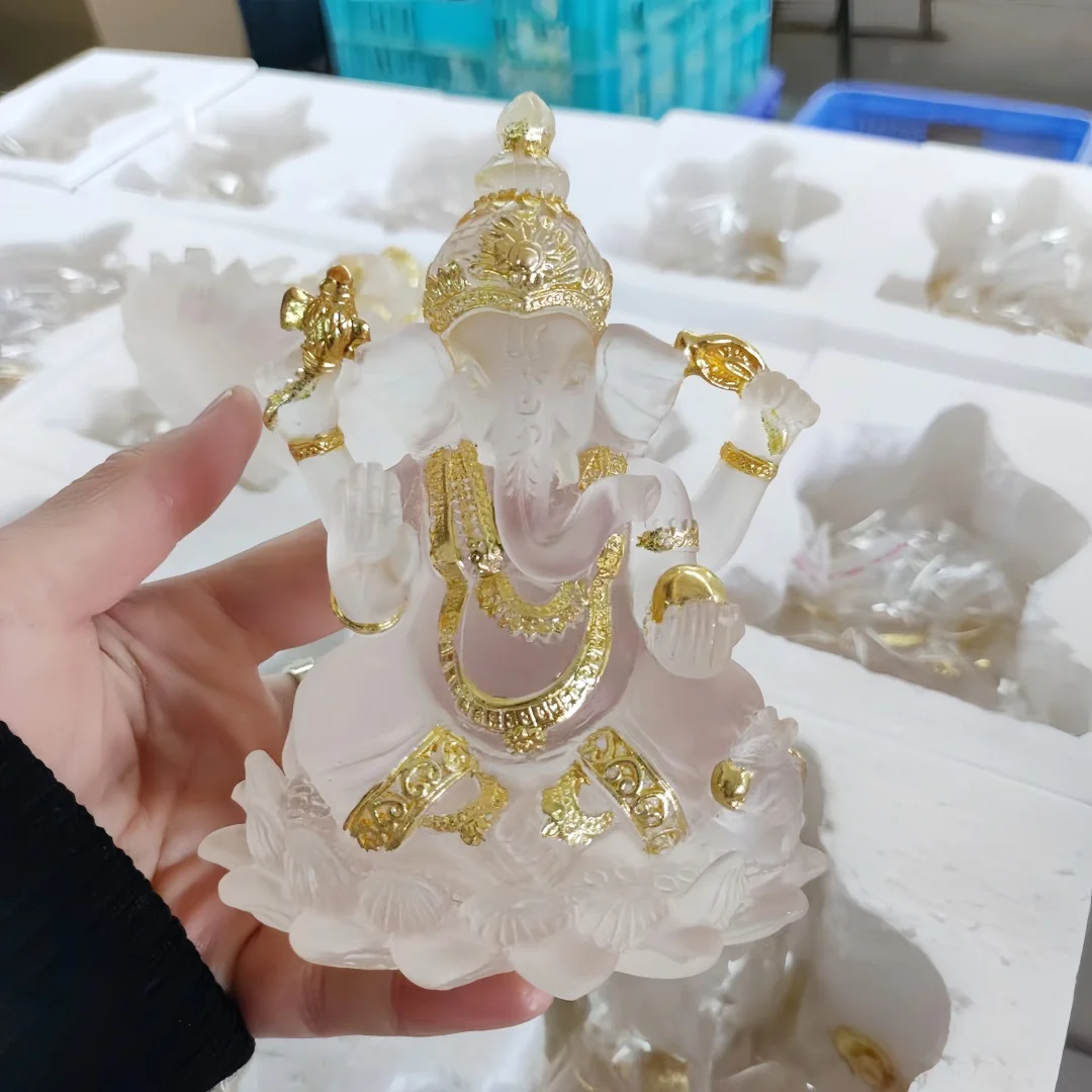 hai Style Lord Ganesha Elephant God Statue White Resin Golden Jewelry Figurine for Zen Office Home Altar Decor