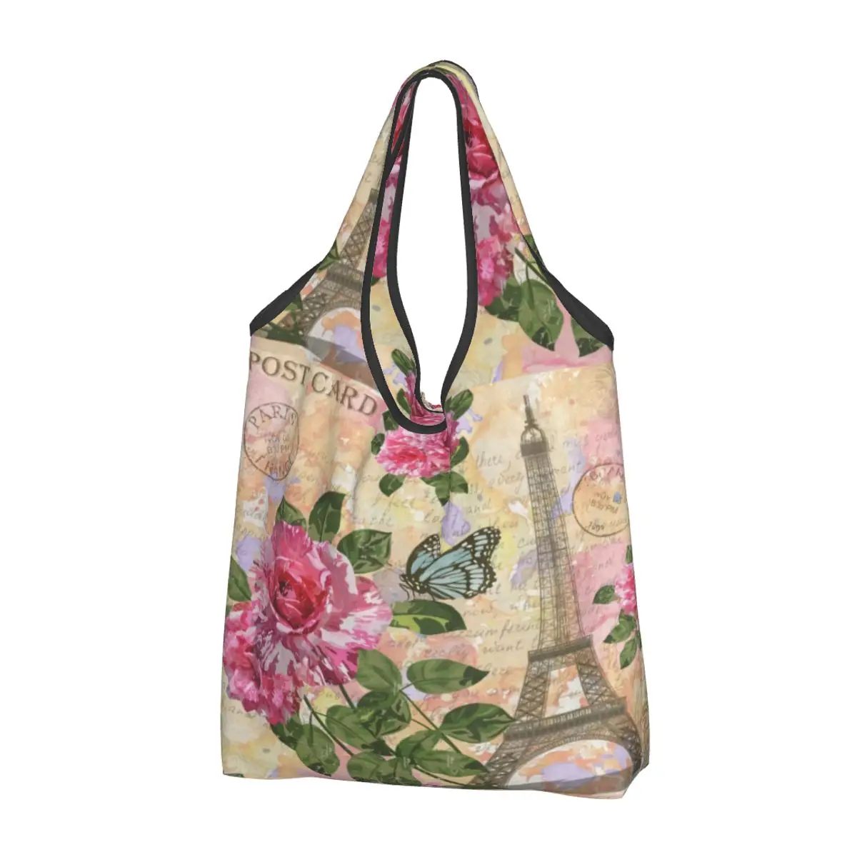 Fashion France Paris Eiffel Tower Shopping Tote Bags Portable Flower Pink Grocery Shoulder Shopper Bag