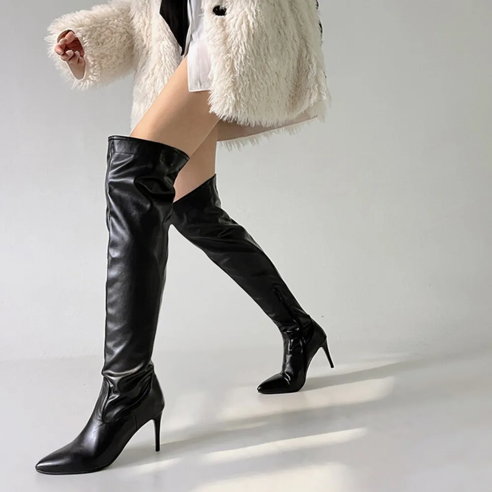 Sexy Winter Women Shoes Over The Knee Boots Microfiber Thin Heels Pointed Toe High Heel Ladies Boots Sexy Rosy Red Silver Boots