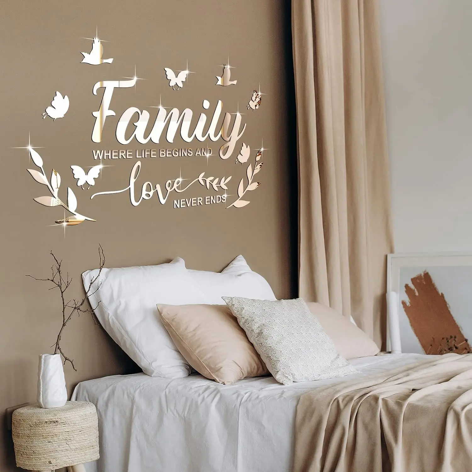 Family Love Acrylic Mirror Wall Stickers, Self Adhesive Butterfly Floral Quote Decals for Living Room Bedroom, 4 Colors