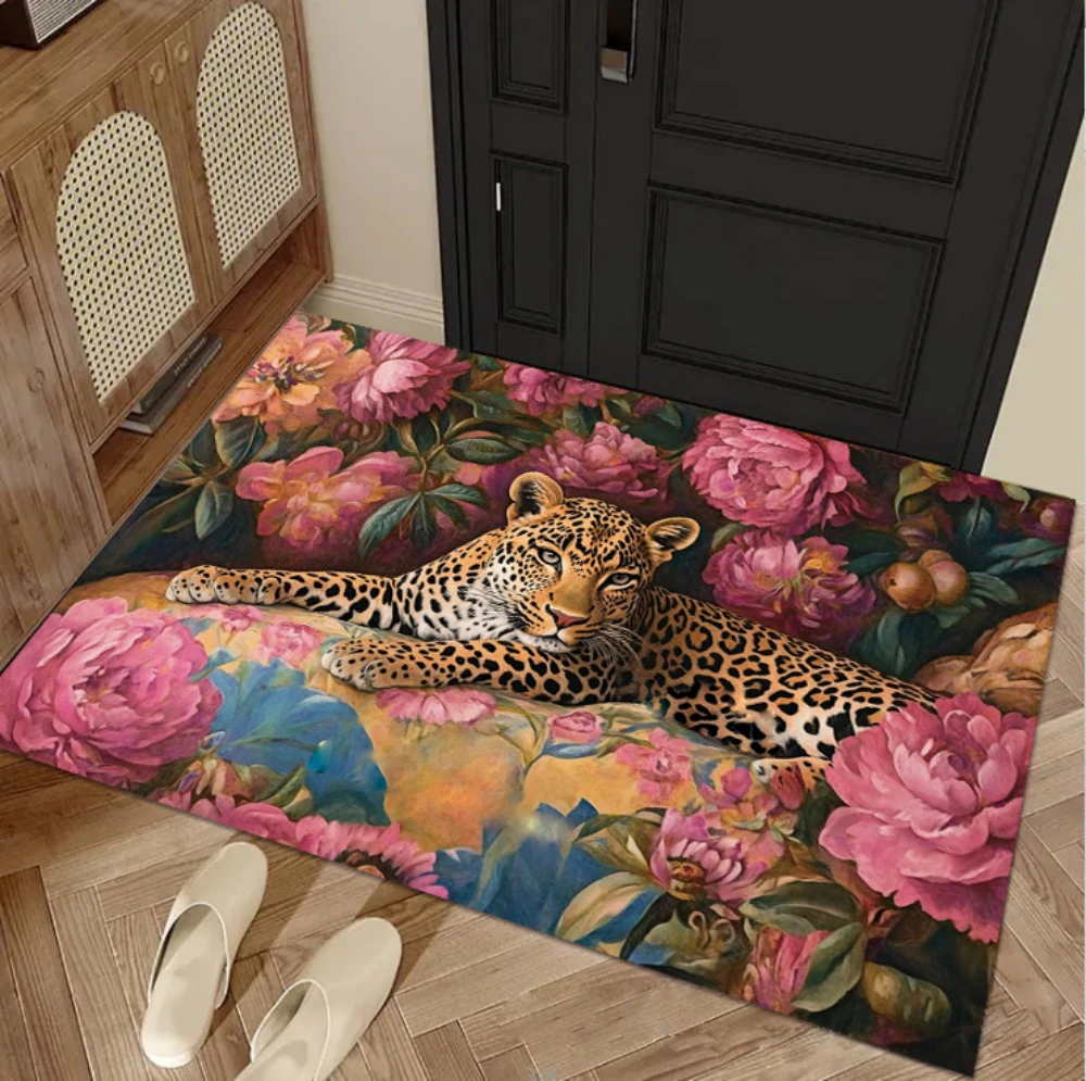 3D Visual Leopard Alpine Cattle Print Doormat Floral Welcome Rug Kitchen Laundry Room Floormat Living Room Bedroom Decor Doormat
