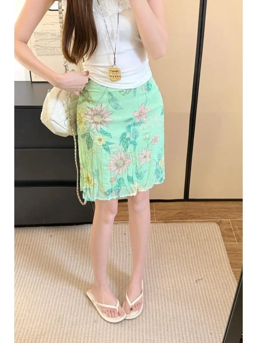 

Korean Style Pleated Chiffon Printed Half Skirt Women's Summer New High Waist Sweet Anti-aging Stylish Bodycon Skirt