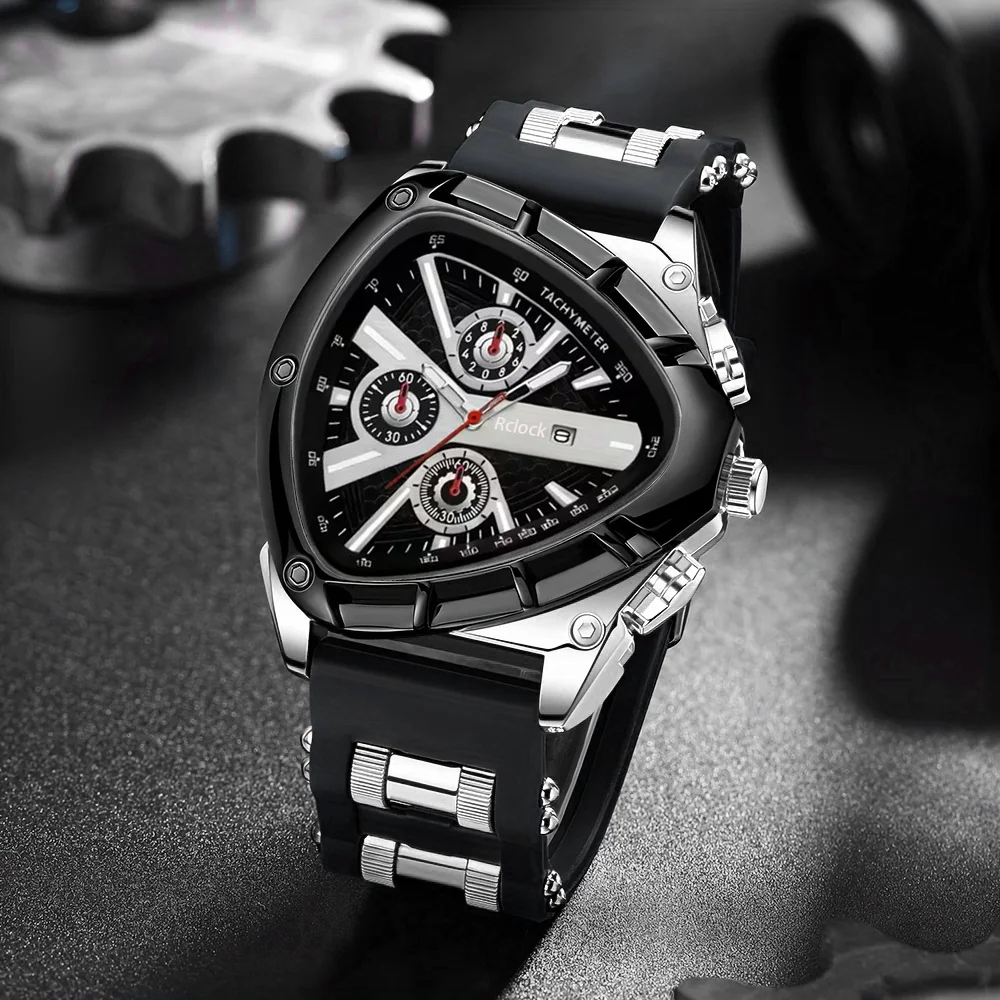 4pcs luxury men's watch and accessories set, business casual watch, fashionable triangular dial, silicone strap