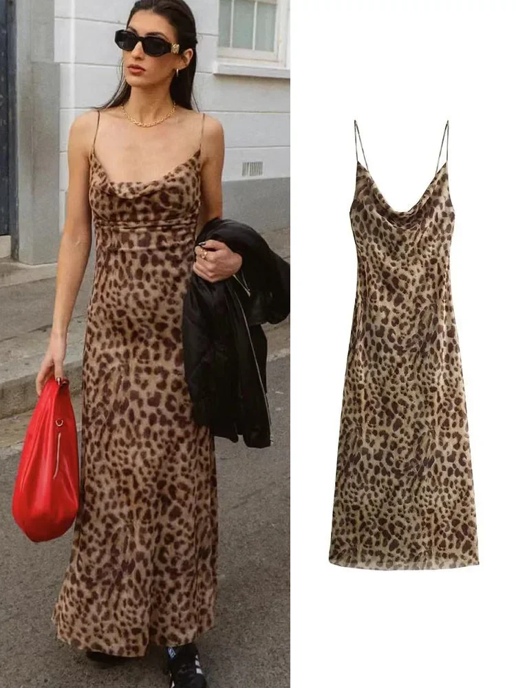 

2024 Women's Spaghetti Strap Dresses Chic Swing Collar Backless Party Club Suspender Long Dresses Vintage Leopard Print