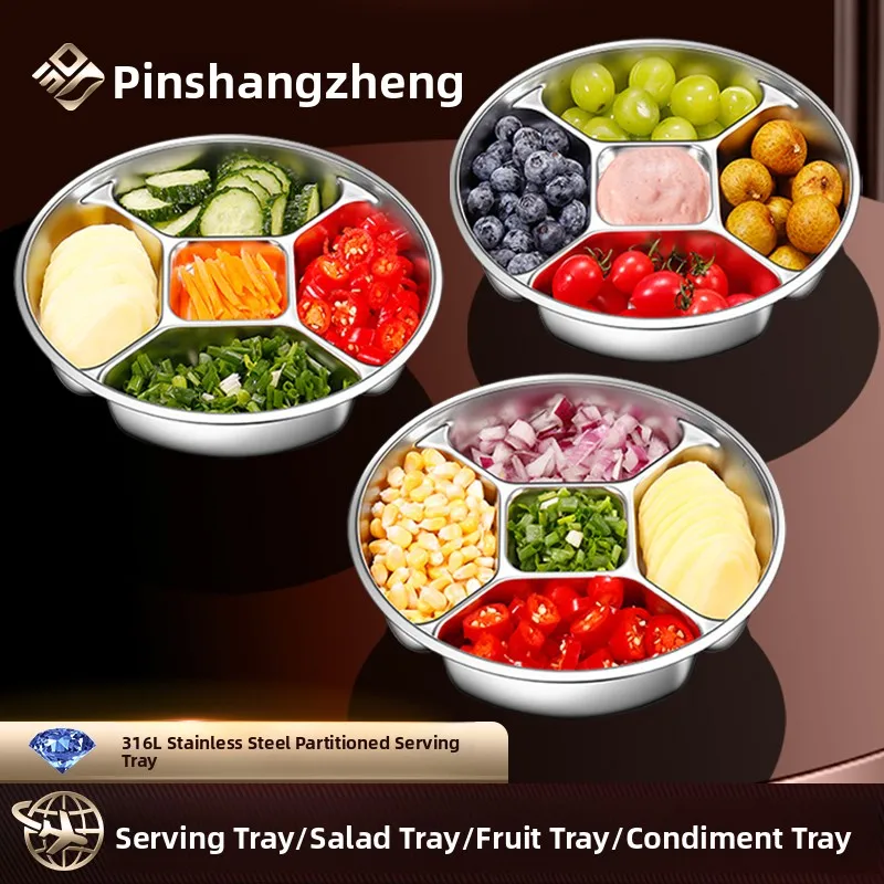 Plato de preparación profundo y grueso de acero inoxidable de 36L para cocina, con compartimentos para cebolla, ajo, jengibre, condimentos, ensalada y frutas, de diseño simple y elegante.