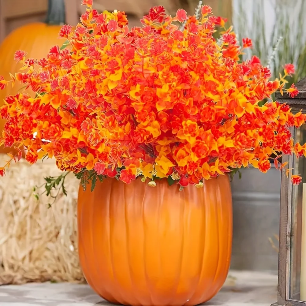 

4/16pcs UV Resistant Artificial Autumn Flowers (Golden) Faux Plastic Flower In Bulk For Hanging Planters Outside Porch Vase Wi