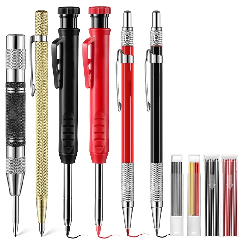 مجموعة أقلام رصاص QWE-Carpenter، 4 أقلام نجار صلبة ملونة مع مبراة، عبوات، ثقب مركزي تلقائي