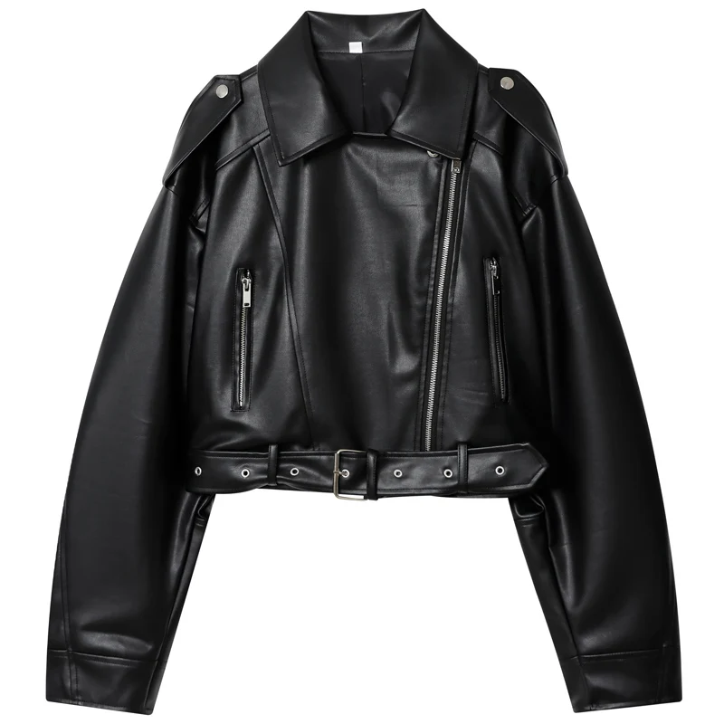 HXAO Black Pu Leather Jacket Women's Jacket Autumn 2025 Crop Asymmetric Zip Coat Long Sleeve Outerwears Chic Motorcyclist Jacket