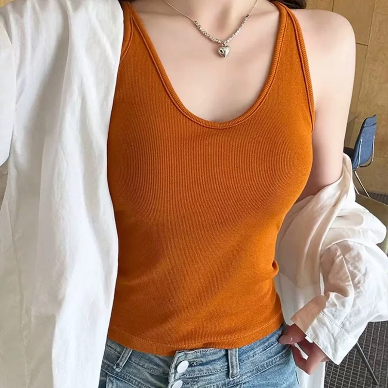 Figure-flattering Sleeveless Camisole For Women 2026 Summer Y2K Slim Ribbed Tank Top With Chest Pad Solid Color Versatile Vest