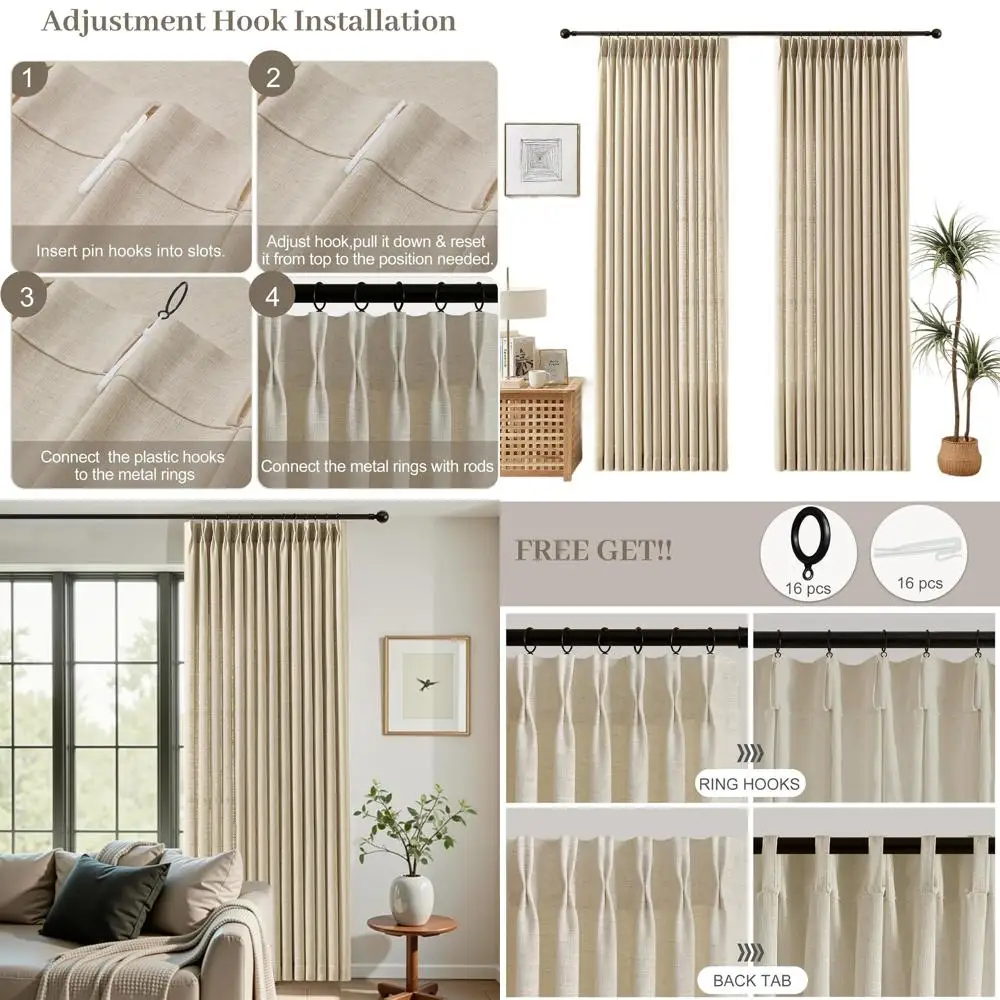 Rustic Textured Pinch Pleat Linen Blend Sheer Curtains, 84 Long, Sand Beige, W40xL84, for Living Room with Hooks or Rings