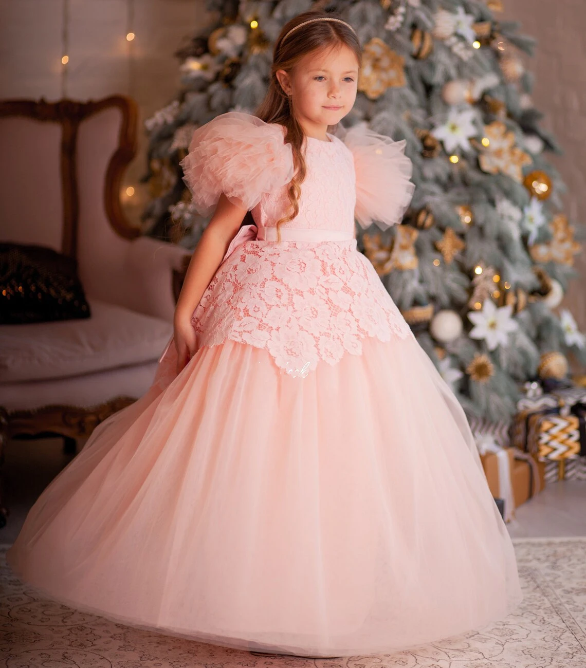 Pink Flower Girl Dresses For Wedding Tulle Puffy Lace V-back With Bow Princess Kids Pageant Dress Birthday Party Ball Gowns 2024