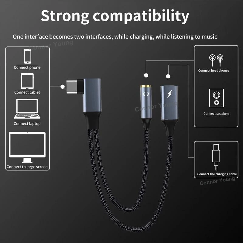 2 In 1 Otg Elleboog Usb Type C Naar 3.5 Mm Aux Jack Audio Hoofdtelefoon Adapter Splitter 60W Snel Opladen Voor Samsung Xiaomi Iphone 15